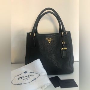 Prada Black Pebbled Leather Double-Handle Crossbody with Gold Accents